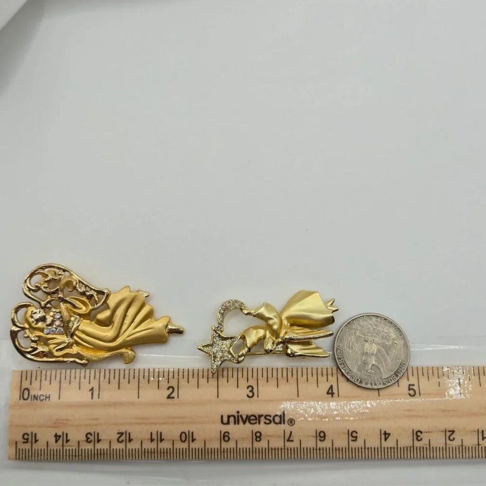 Festive Joy Holiday Gold Tone Angels Religious Faith Christian Brooch Pins‎ 2PC